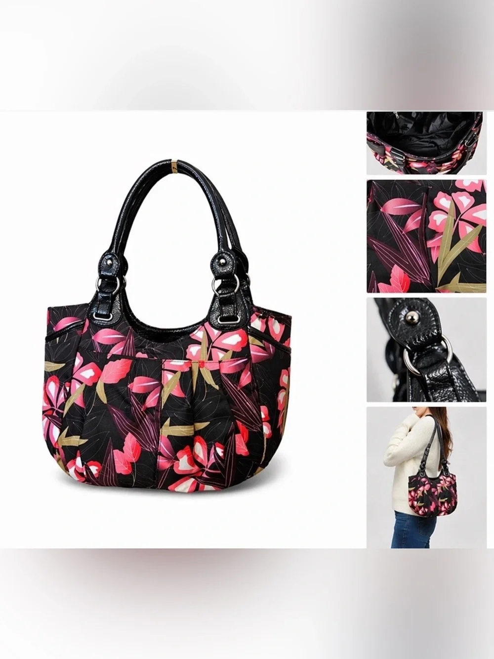 Black Floral Shoulder Bag with Pink Accents